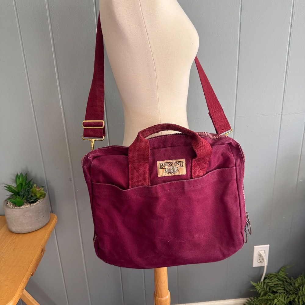 Vintage 80s Lands End Square Rigger Canvas Attache Crossbody Bag Maroon Made USA
